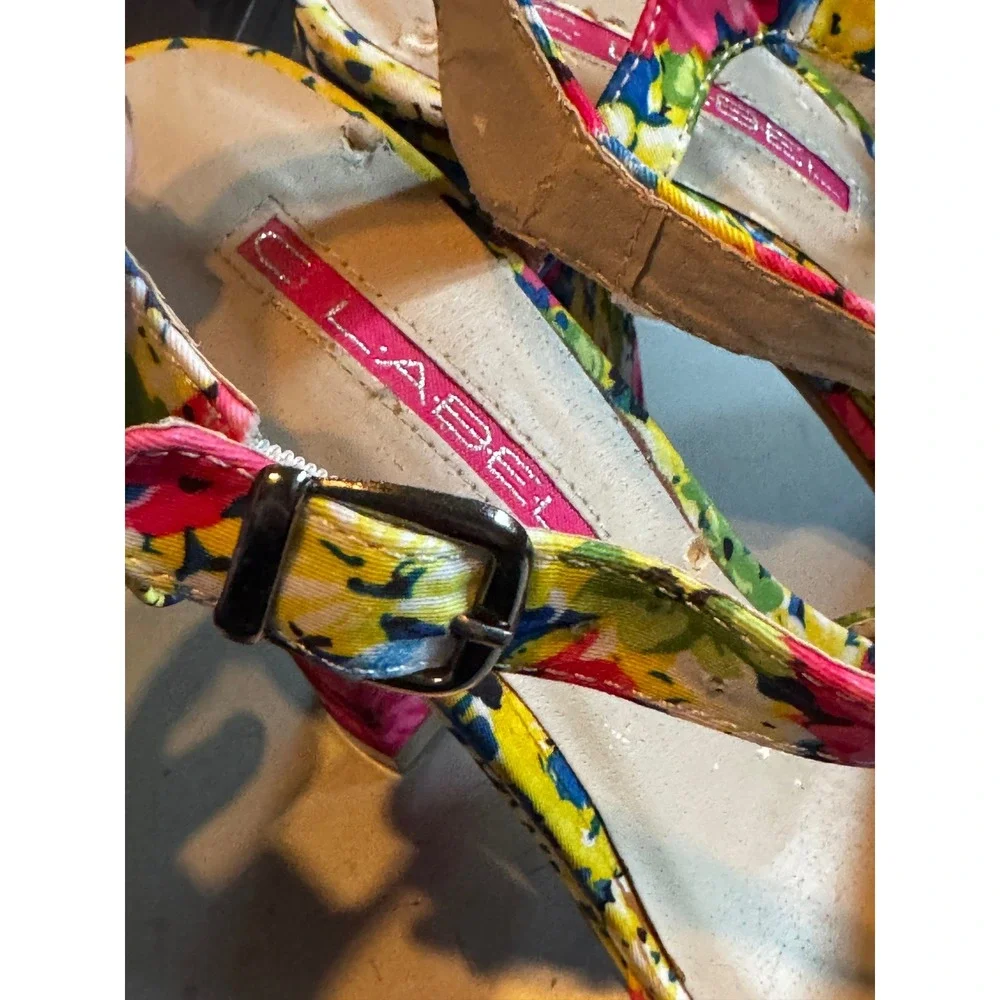 C. Labelle Floral Block Heel Sandals 8.5‎ Multicolor Platform Ankle Strap Retro
